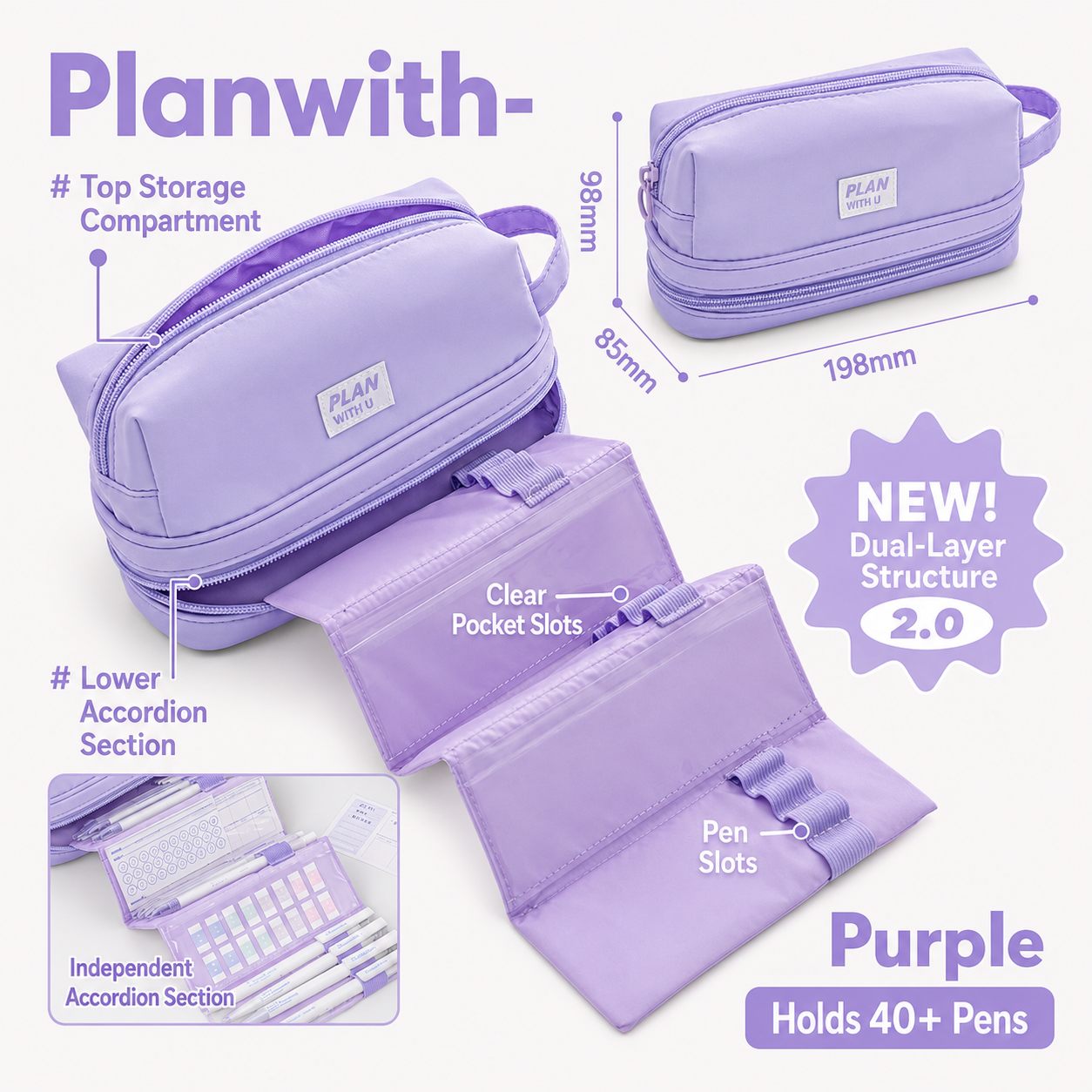 Planwith Expansion 2.0 Accordion Pull-Out Pencil Pouch | Large Capacity Dual-Layer Pen Case