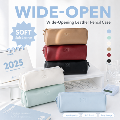 Planwith Soft PU Leather Pencil Case with Dual Zippers | Large Capacity Wide Opening Pen Pouch
