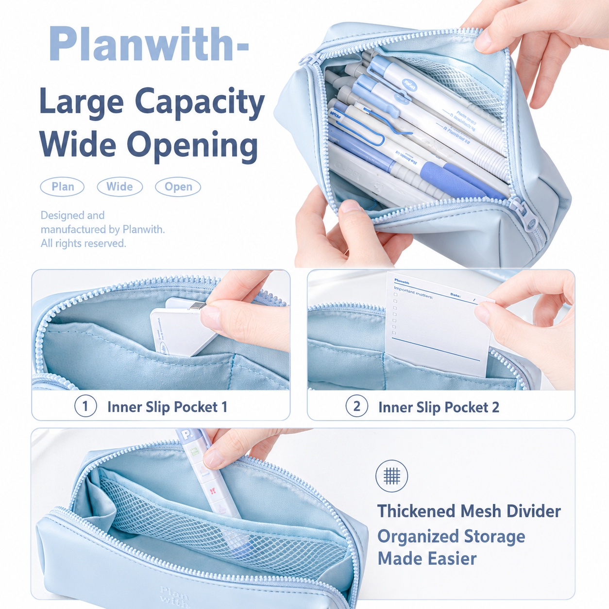 Planwith Soft PU Leather Pencil Case with Dual Zippers | Large Capacity Wide Opening Pen Pouch