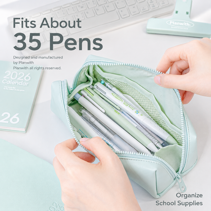 Planwith Soft PU Leather Pencil Case with Dual Zippers | Large Capacity Wide Opening Pen Pouch