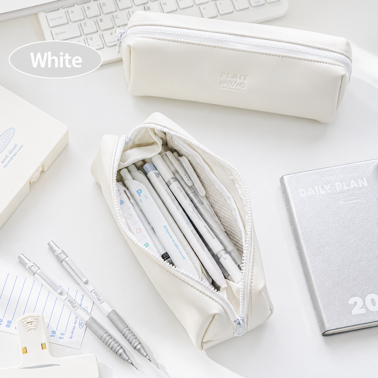 Planwith Soft PU Leather Pencil Case with Dual Zippers | Large Capacity Wide Opening Pen Pouch