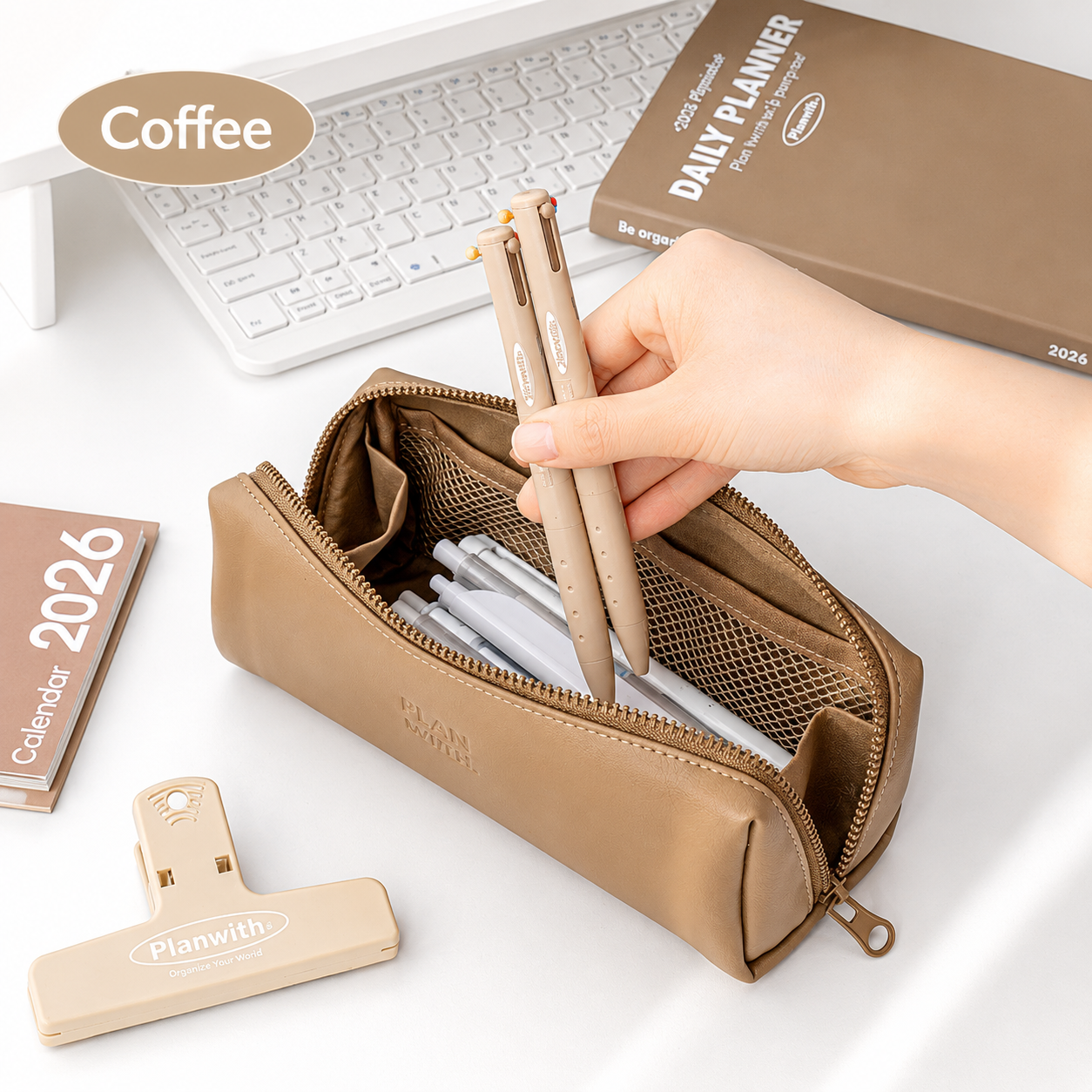 Planwith Soft PU Leather Pencil Case with Dual Zippers | Large Capacity Wide Opening Pen Pouch