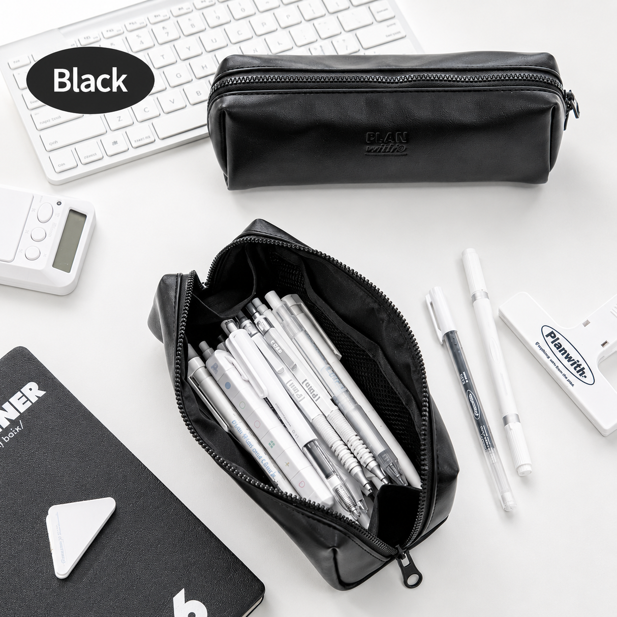 Planwith Soft PU Leather Pencil Case with Dual Zippers | Large Capacity Wide Opening Pen Pouch