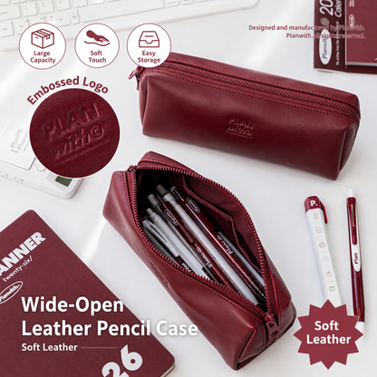 Planwith Soft PU Leather Pencil Case with Dual Zippers | Large Capacity Wide Opening Pen Pouch