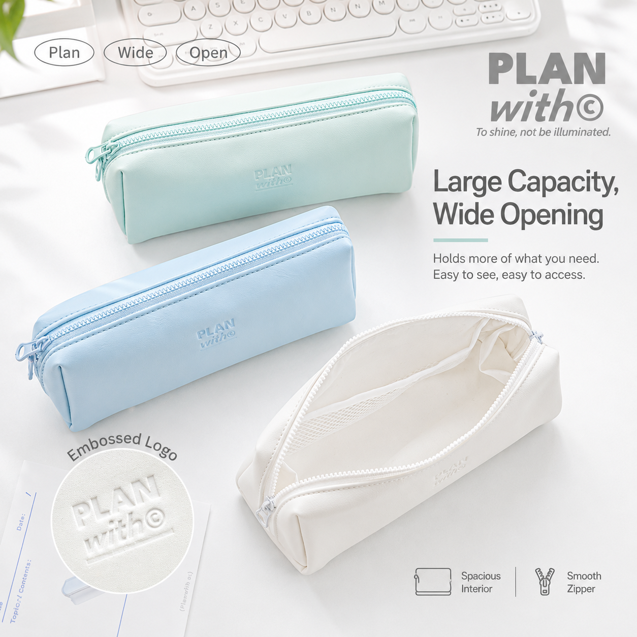 Planwith Soft PU Leather Pencil Case with Dual Zippers | Large Capacity Wide Opening Pen Pouch