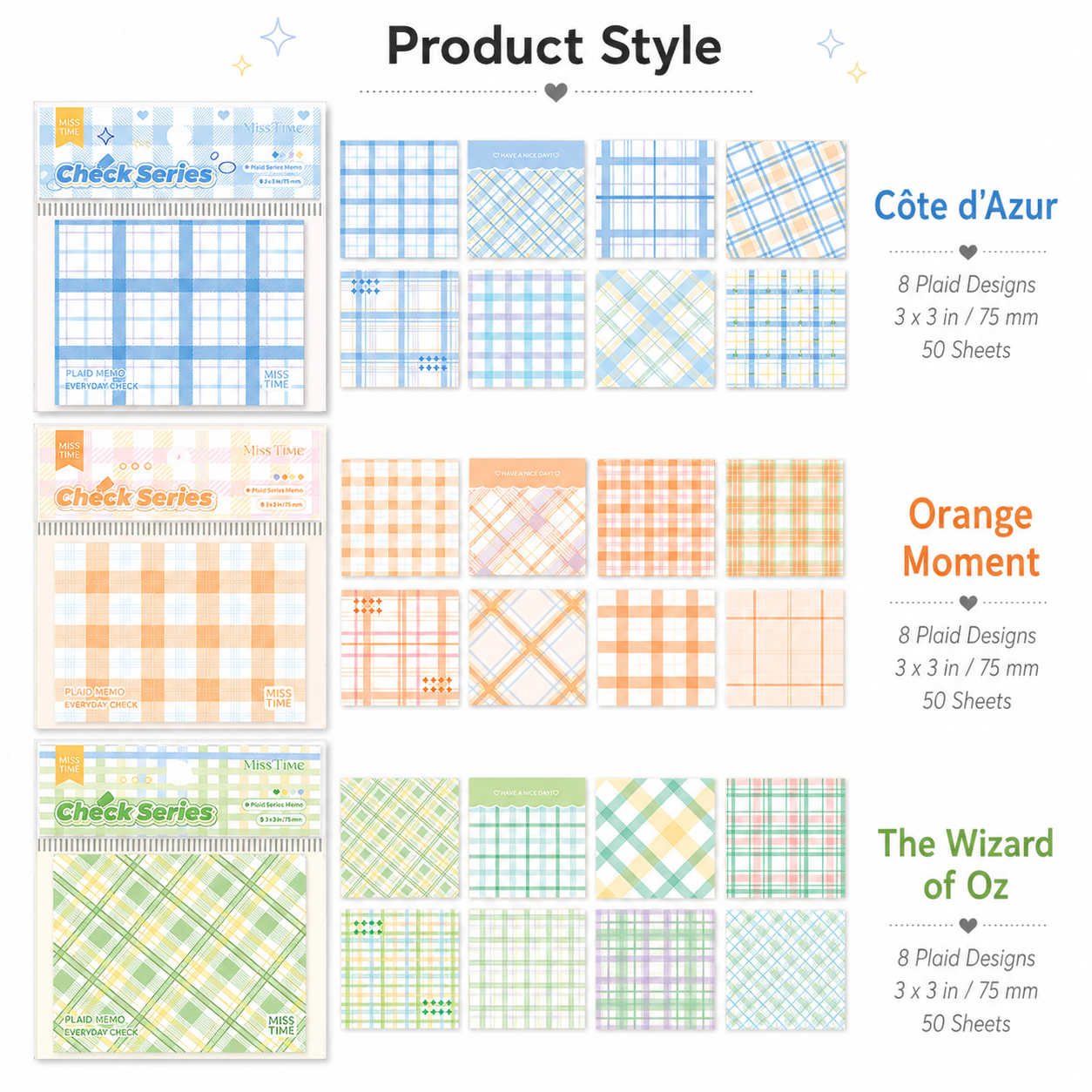 MISSTIME Vintage Plaid Series Sticky Notes Set | Pastel Checkered Memo Pads