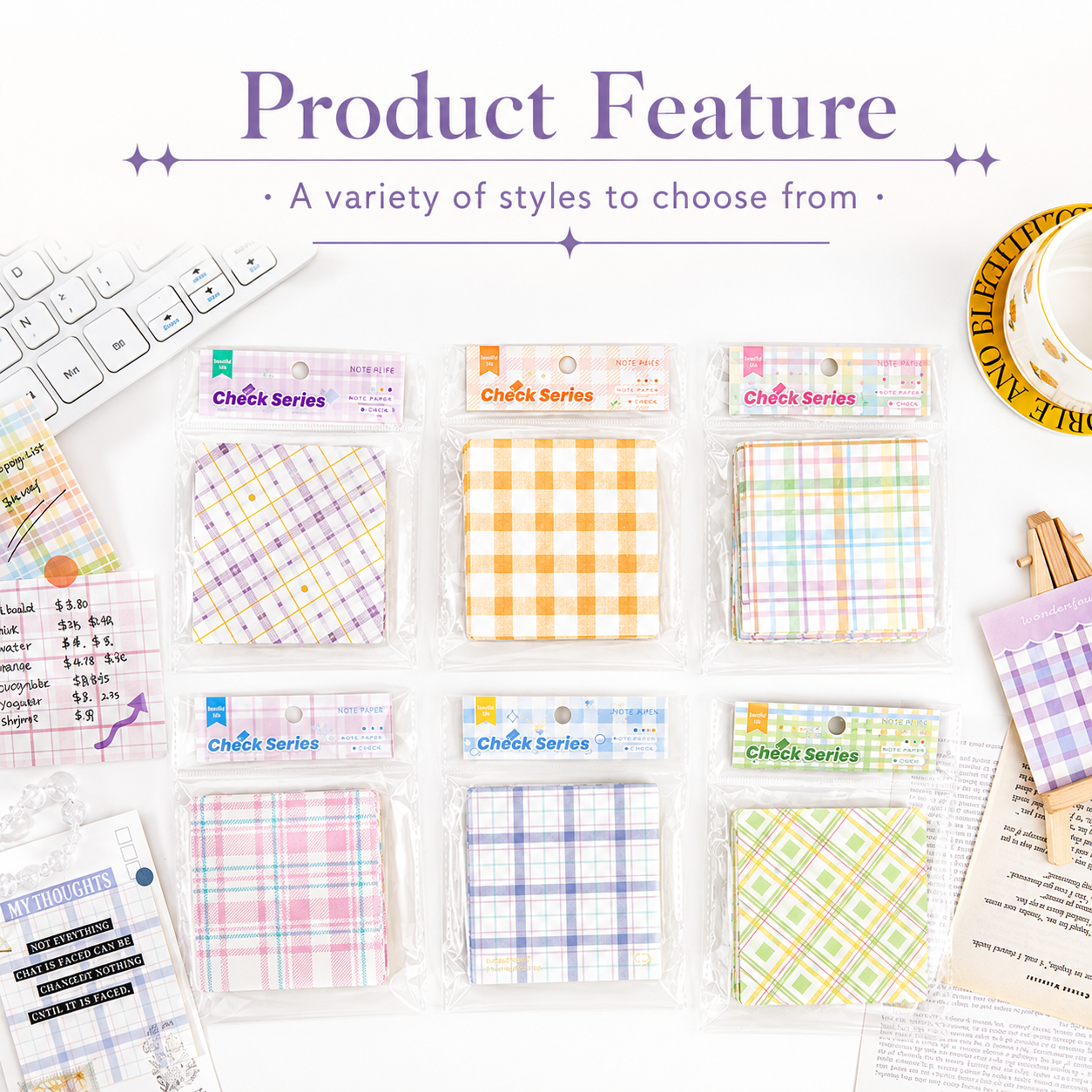 MISSTIME Vintage Plaid Series Sticky Notes Set | Pastel Checkered Memo Pads