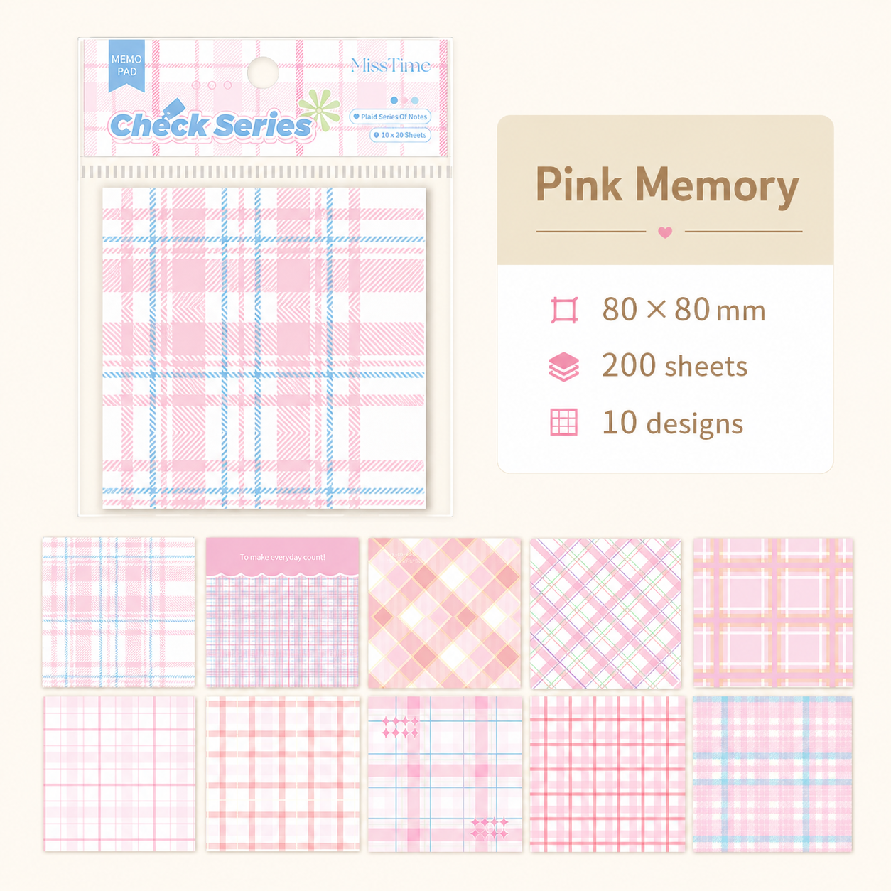 MISSTIME Vintage Plaid Series Sticky Notes Set | Pastel Checkered Memo Pads