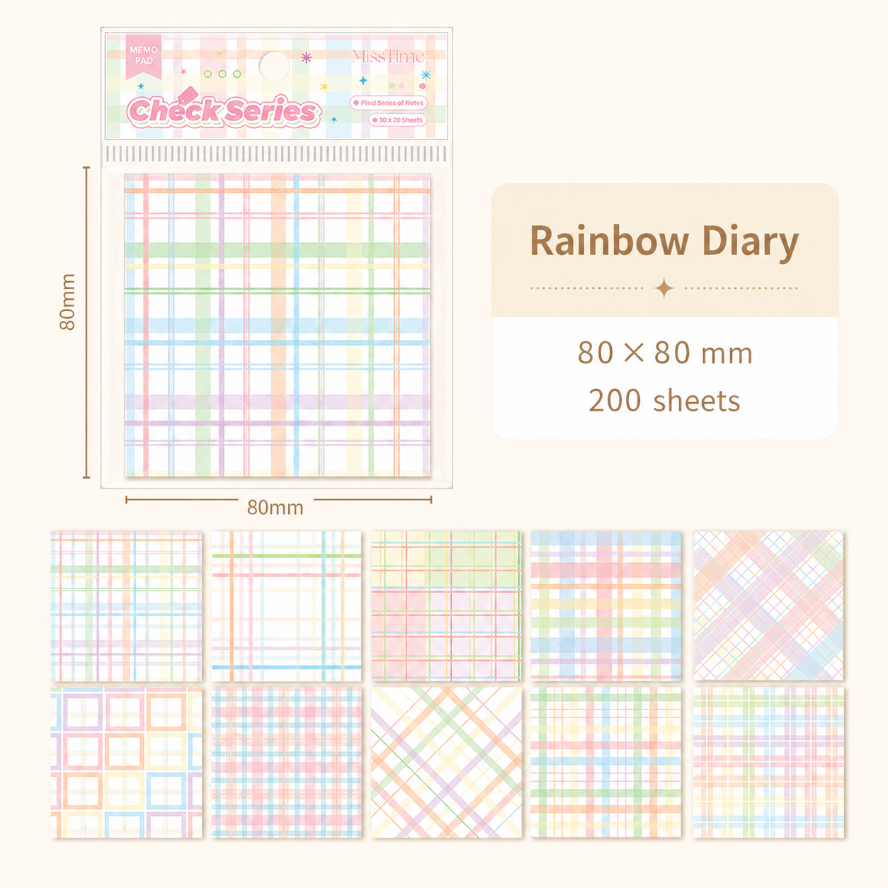 MISSTIME Vintage Plaid Series Sticky Notes Set | Pastel Checkered Memo Pads