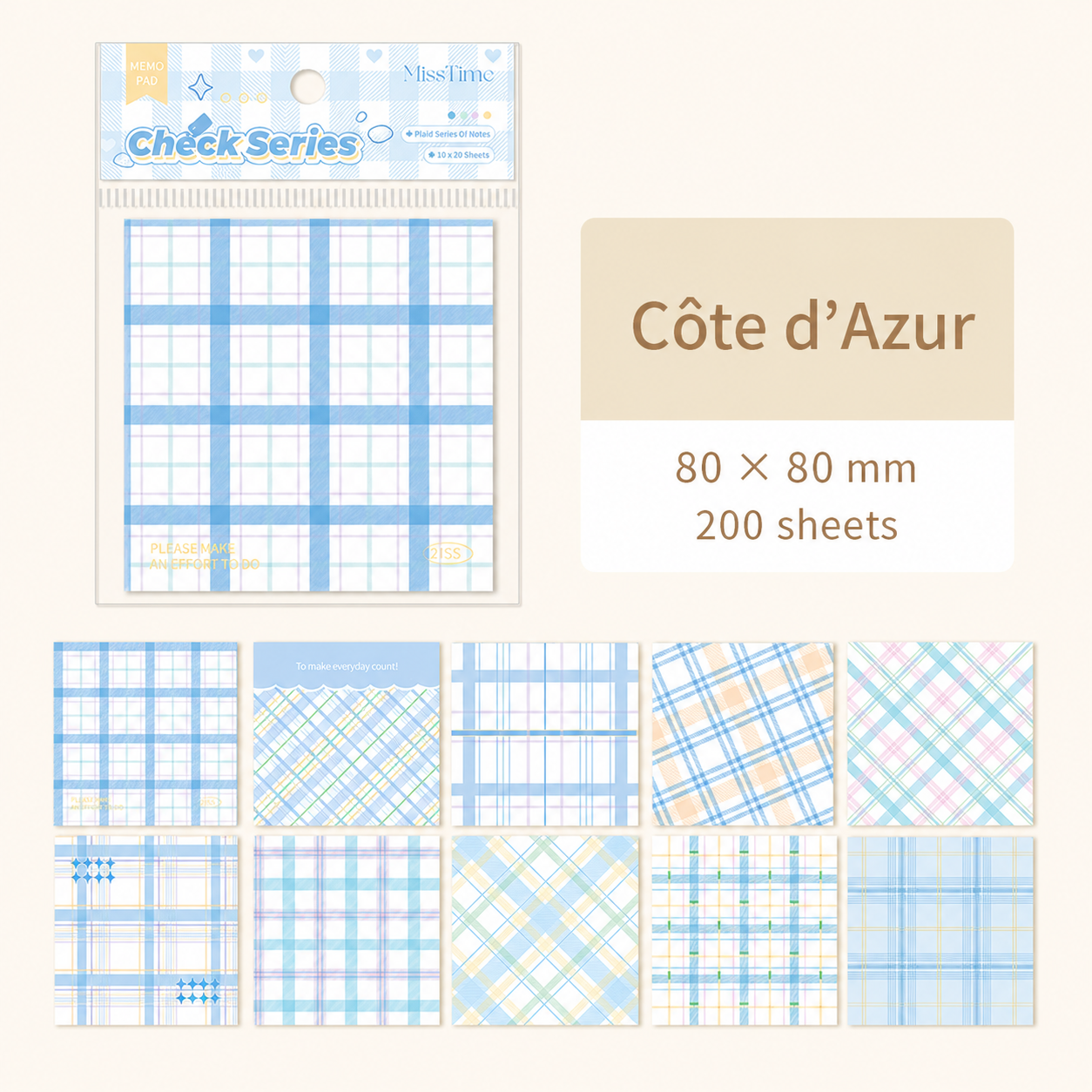 MISSTIME Vintage Plaid Series Sticky Notes Set | Pastel Checkered Memo Pads