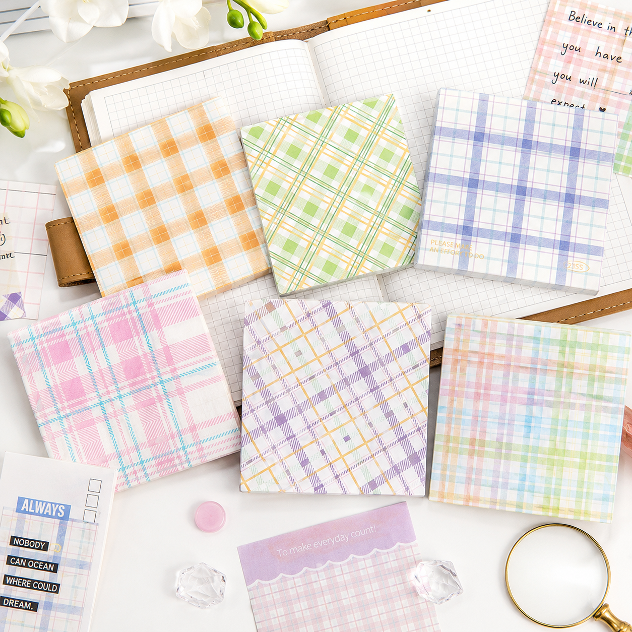 MISSTIME Vintage Plaid Series Sticky Notes Set | Pastel Checkered Memo Pads