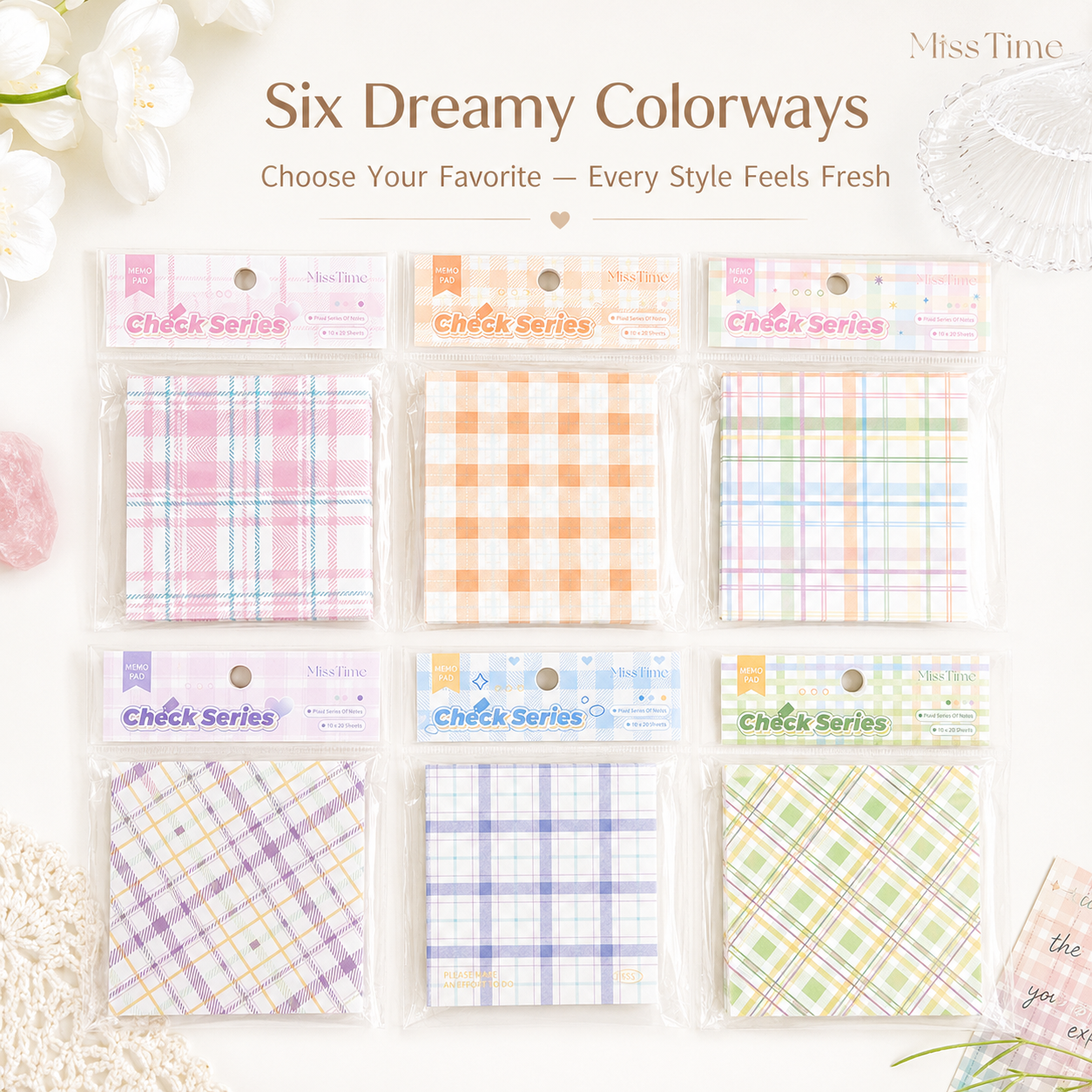 MISSTIME Vintage Plaid Series Sticky Notes Set | Pastel Checkered Memo Pads