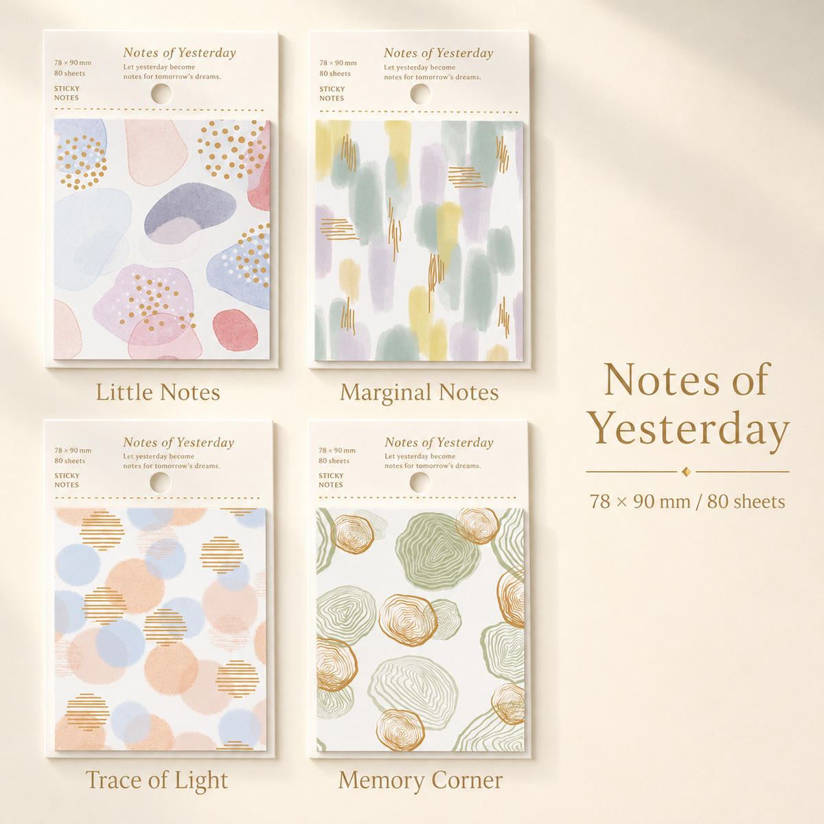 MISSTIME Vintage Gold Foil Watercolor Sticky Notes（4-Pad Set） by MISSTIME - detail view for aesthetic stationery | Lumiyear