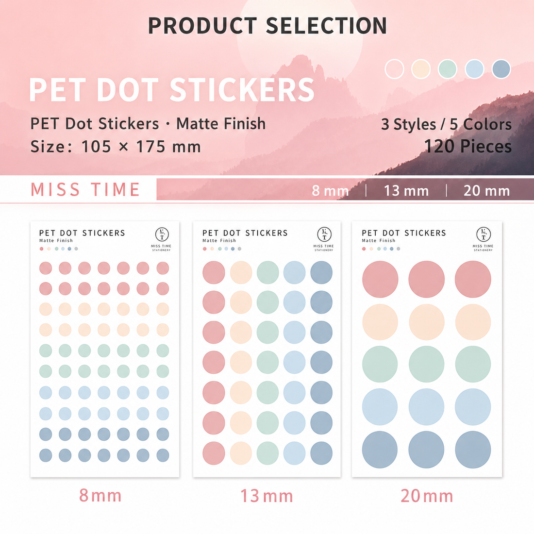 MISSTIME PET Dot Stickers Set (120 Pcs) by MISSTIME - color option view for scrapbook decoration | Lumiyear
