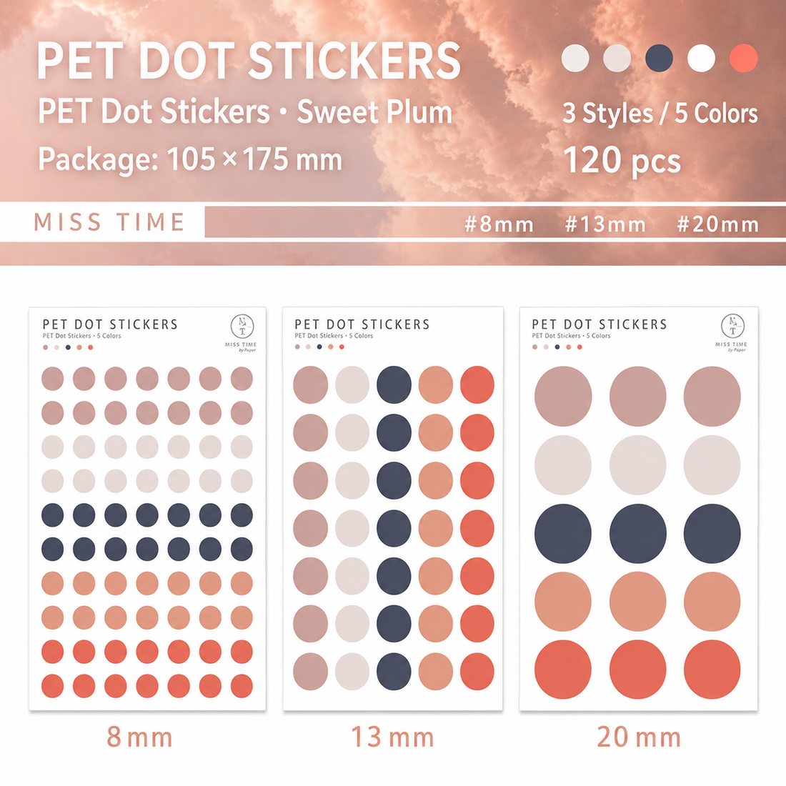 MISSTIME PET Dot Stickers Set (120 Pcs) by MISSTIME - color option view for scrapbook decoration | Lumiyear