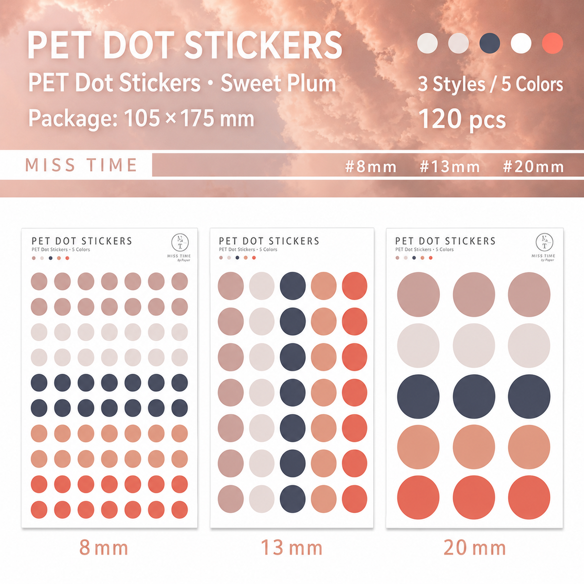 MISSTIME PET Dot Stickers Set (120 Pcs) by MISSTIME - color option view for scrapbook decoration | Lumiyear