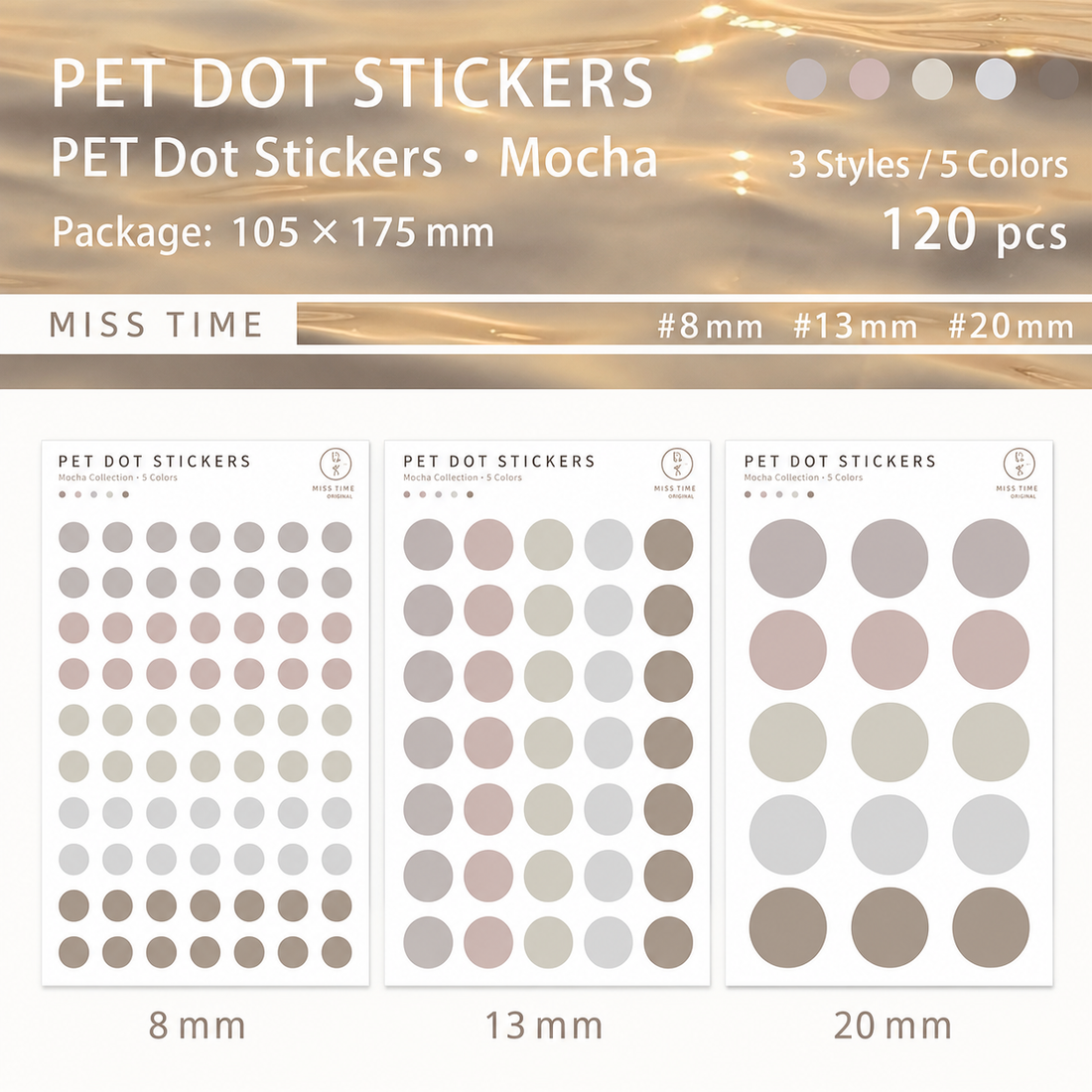 MISSTIME PET Dot Stickers Set (120 Pcs) by MISSTIME - color option view for scrapbook decoration | Lumiyear