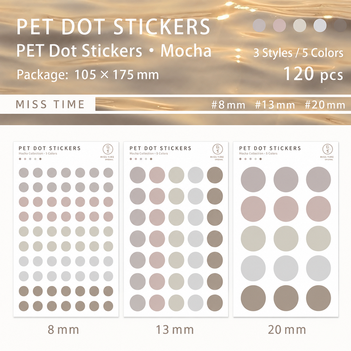 MISSTIME PET Dot Stickers Set (120 Pcs) by MISSTIME - color option view for scrapbook decoration | Lumiyear