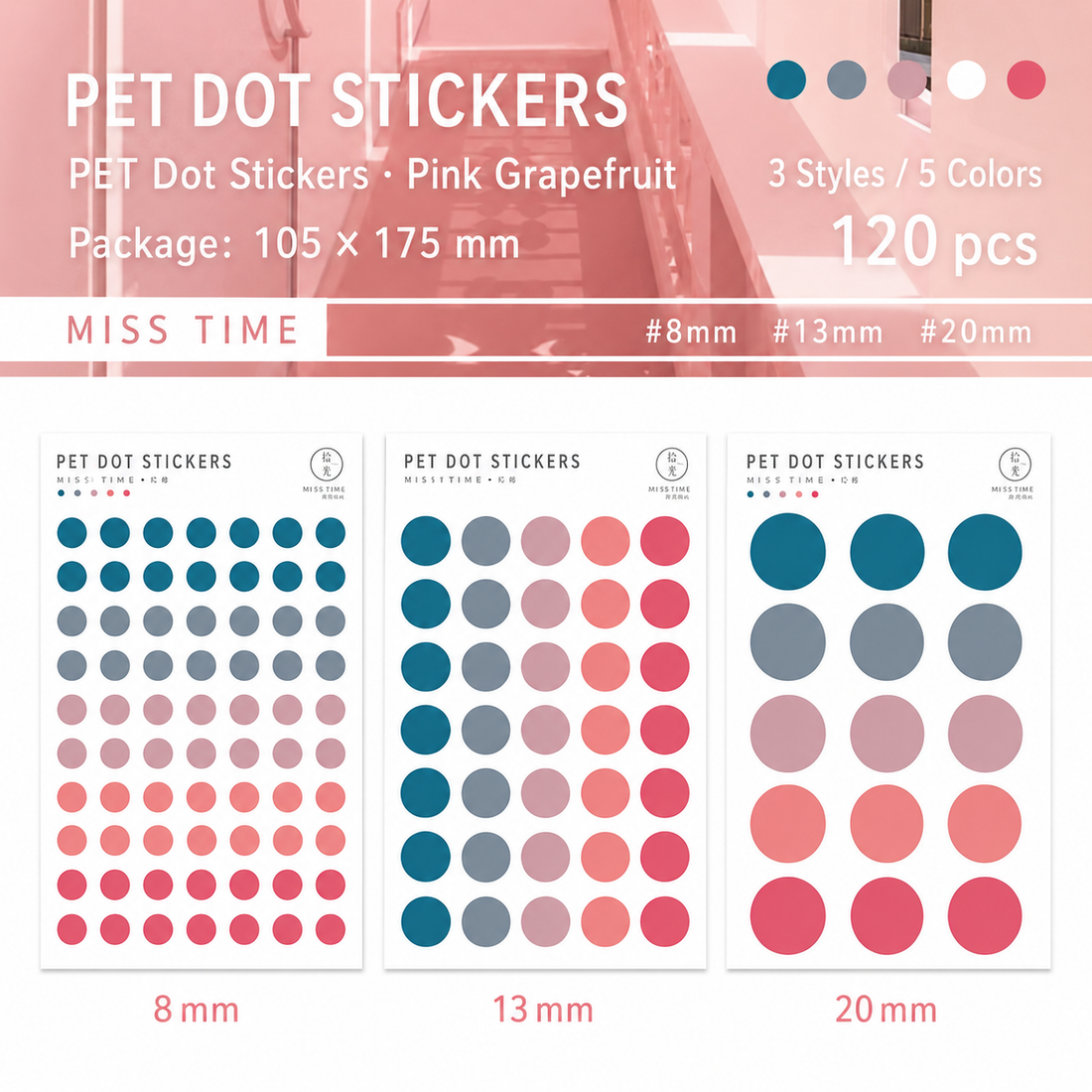 MISSTIME PET Dot Stickers Set (120 Pcs) by MISSTIME - color option view for scrapbook decoration | Lumiyear