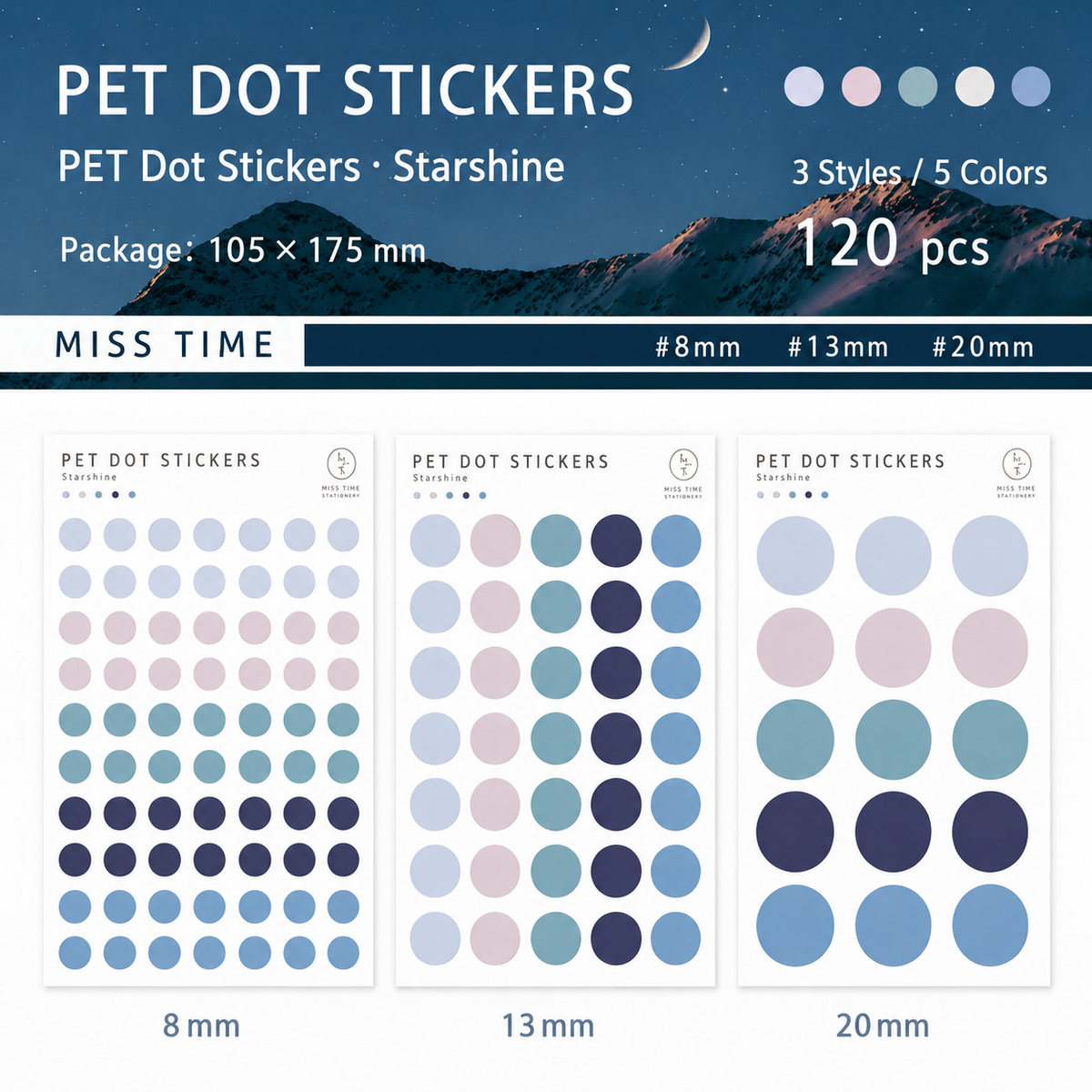 MISSTIME PET Dot Stickers Set (120 Pcs) by MISSTIME - color option view for scrapbook decoration | Lumiyear