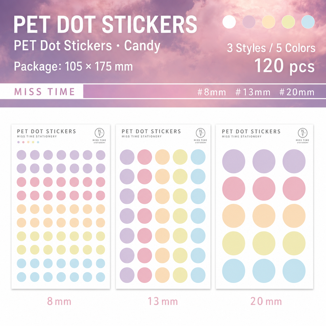 MISSTIME PET Dot Stickers Set (120 Pcs) by MISSTIME - color option view for scrapbook decoration | Lumiyear