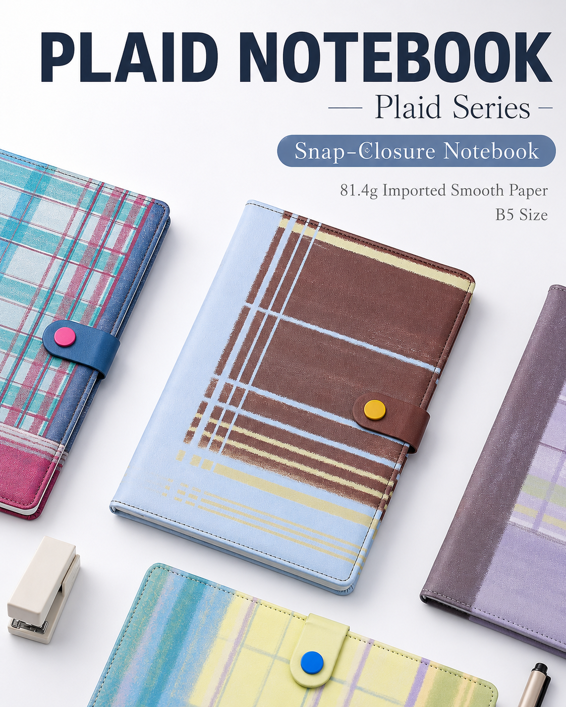 "Plaid Series" B5 Snap-Closure PU Leather Notebook