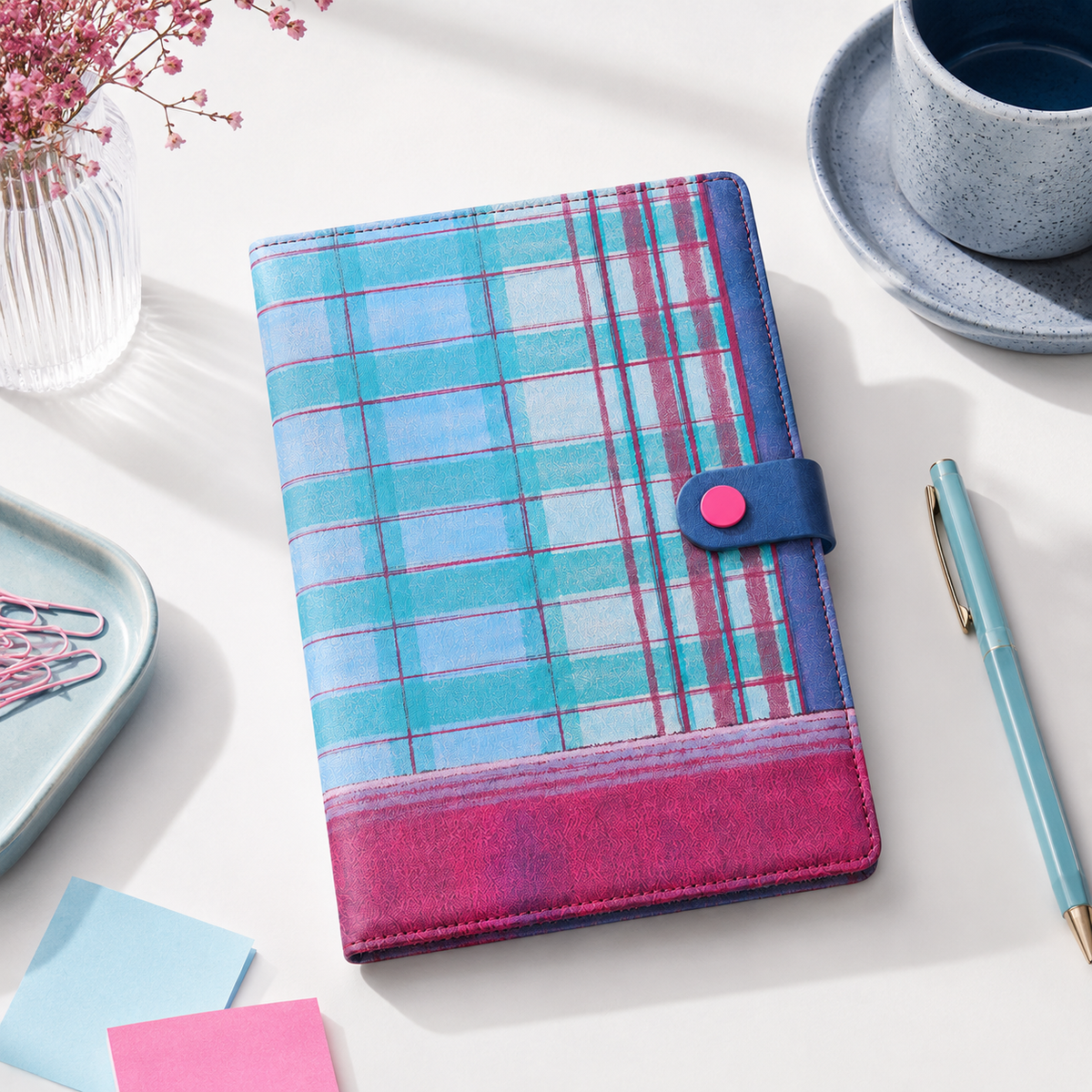 "Plaid Series" دفتر من جلد PU مع إغلاق كبّاس بحجم B5