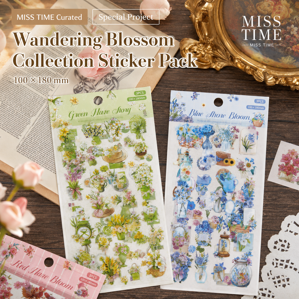 Wandering Blossom PET Floral Sticker Pack (3 Sheets) by MISSTIME - inside detail for scrapbook decoration | Lumiyear