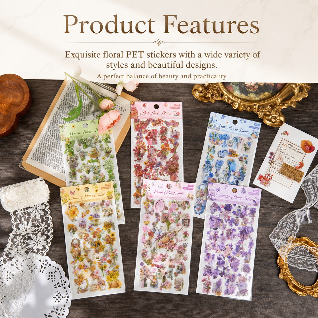 Wandering Blossom PET Floral Sticker Pack (3 by MISSTIME - lifestyle stationery view for scrapbook decoration | Lumiyear