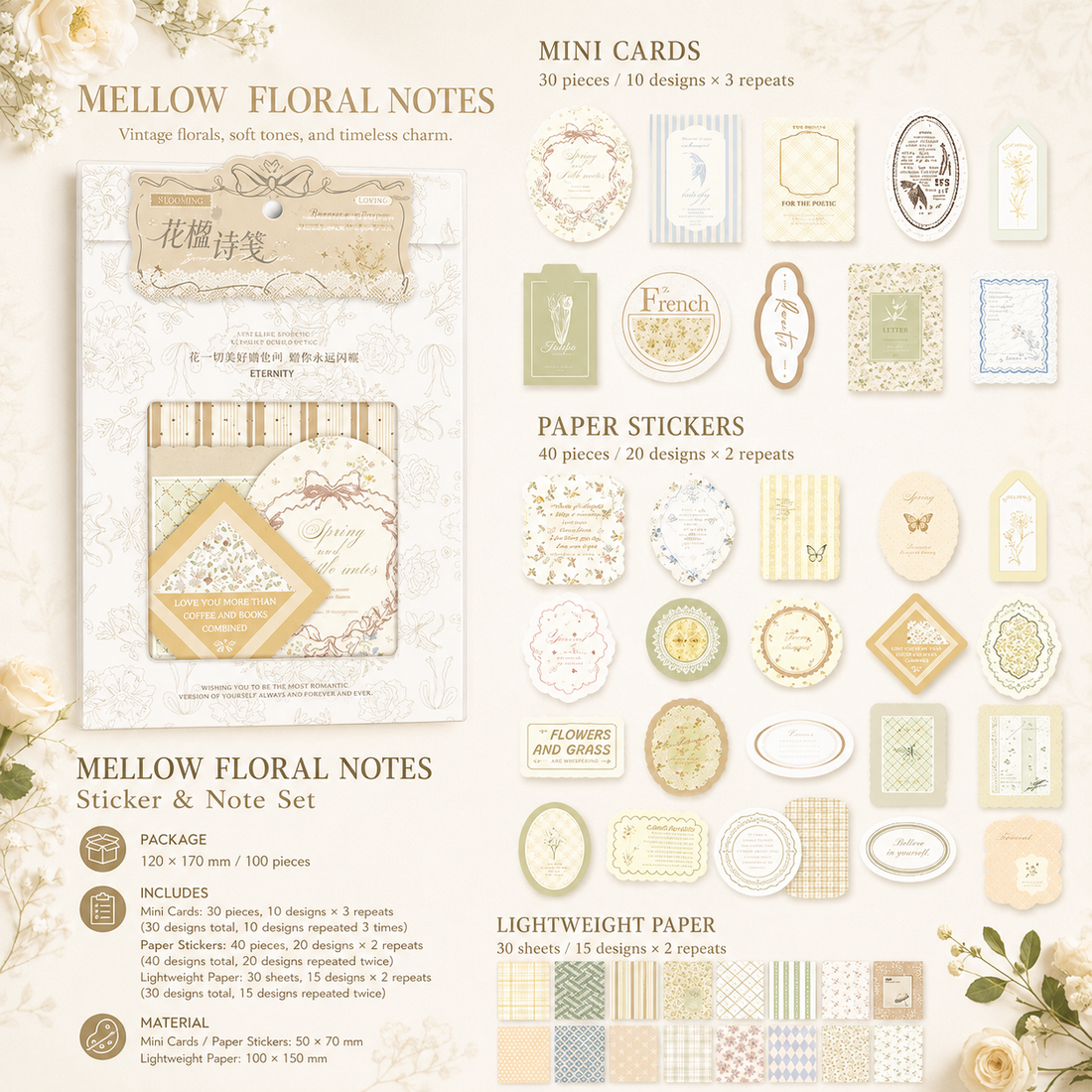 MISSTIME Floral Rhyme Poetry Vintage Material Paper Pack (100 by MISSTIME - detail view for scrapbook decoration | Lumiyear