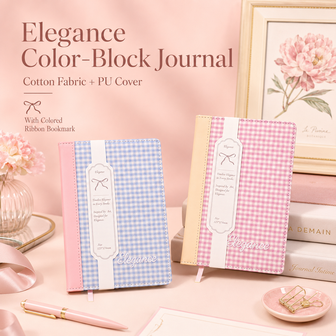"Elegance Stitching" B6 Plaid Fabric & Leather Journal by ledai - detail view for journaling notebook | Lumiyear
