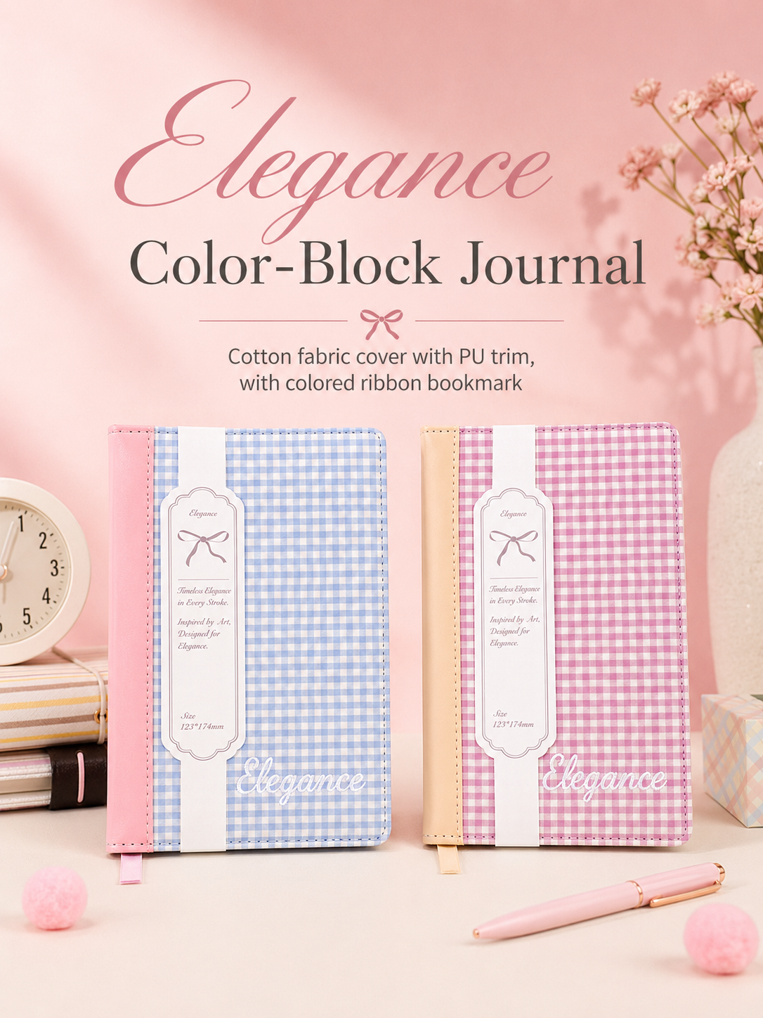 "Elegance Stitching" B6 Plaid Fabric & Leather by ledai - lifestyle stationery view for journaling notebook | Lumiyear