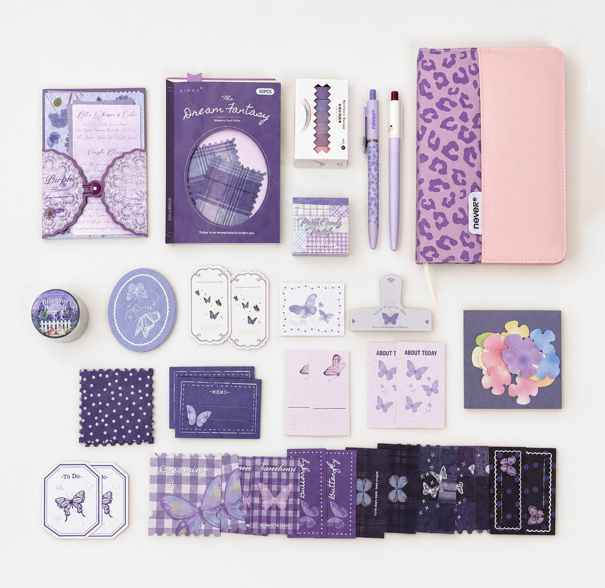 Violet Butterfly Leopard Stationery Mega Gift Set 💜 by never - main product view for stationery gift set | Lumiyear