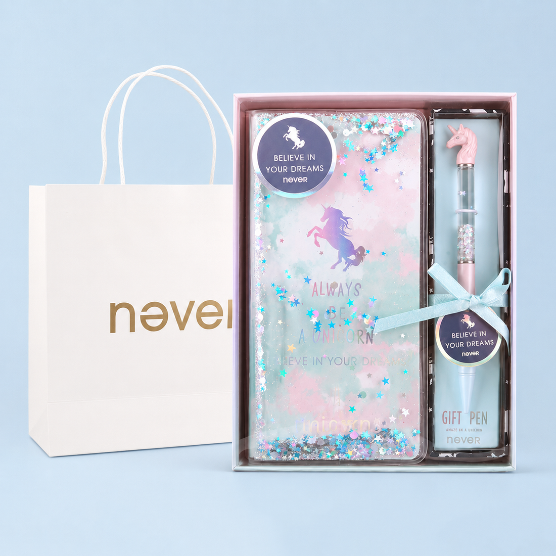 Unicorn Dream Liquid Glitter Journal & Gel Pen Gift Set by never - packaging view for stationery gift set | Lumiyear