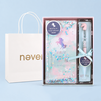 Unicorn Dream Liquid Glitter Journal & Gel Pen Gift Set by never - packaging view for stationery gift set | Lumiyear
