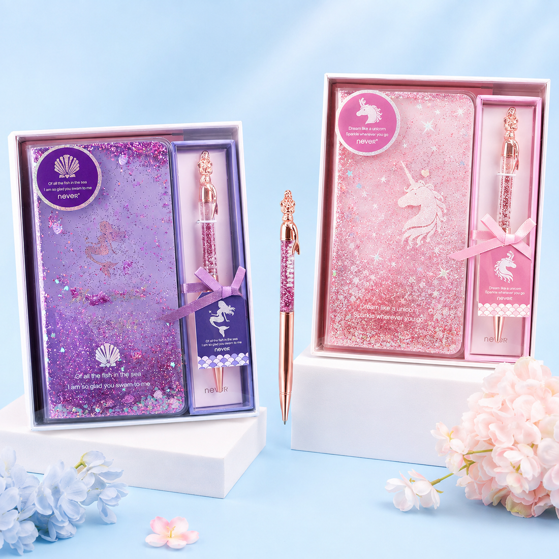 Mermaid Magic Liquid Glitter Journal & Gel Pen Gift Set by never - color option view for stationery gift set | Lumiyear