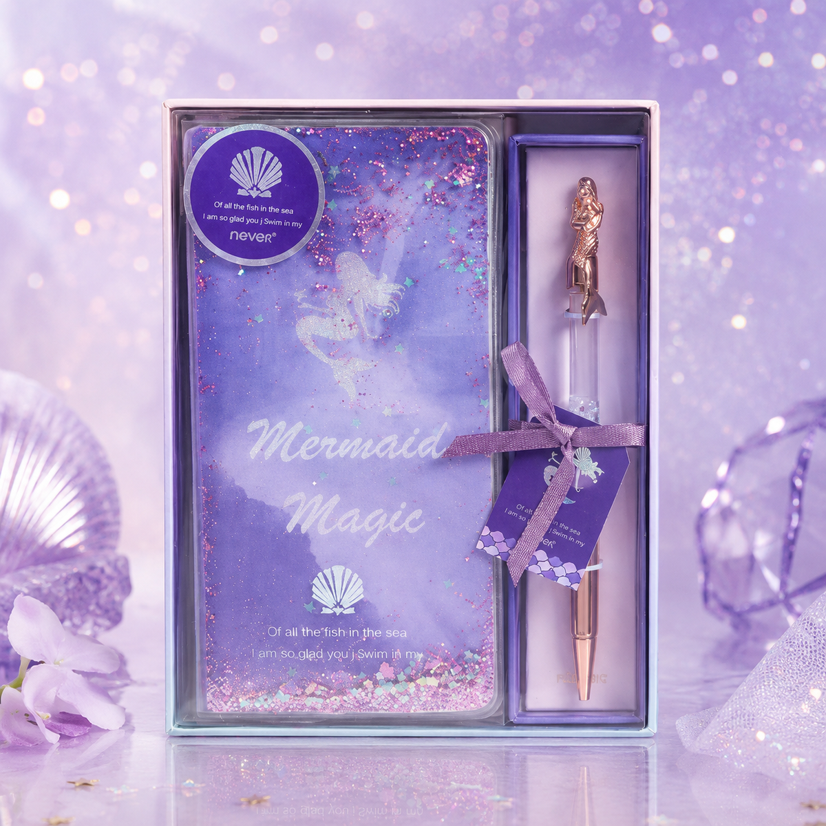Mermaid Magic Liquid Glitter Journal & Gel Pen Gift Set by never - inside detail for stationery gift set | Lumiyear