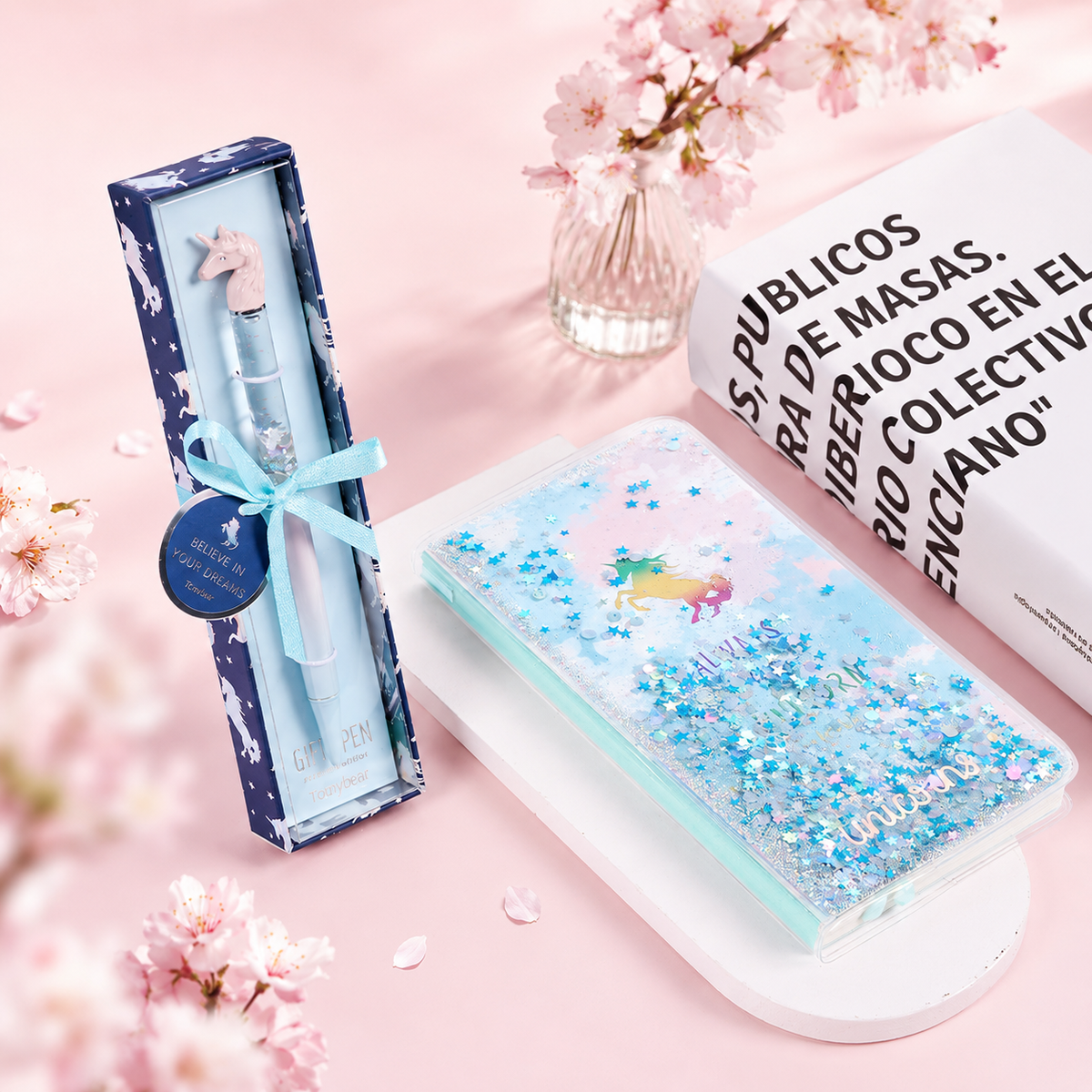 Unicorn Dream Liquid Glitter Journal & Gel Pen Gift by never - lifestyle stationery view for stationery gift set | Lumiyear