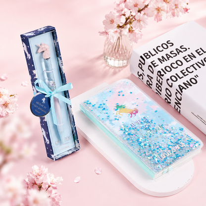 Unicorn Dream Liquid Glitter Journal & Gel Pen Gift by never - lifestyle stationery view for stationery gift set | Lumiyear
