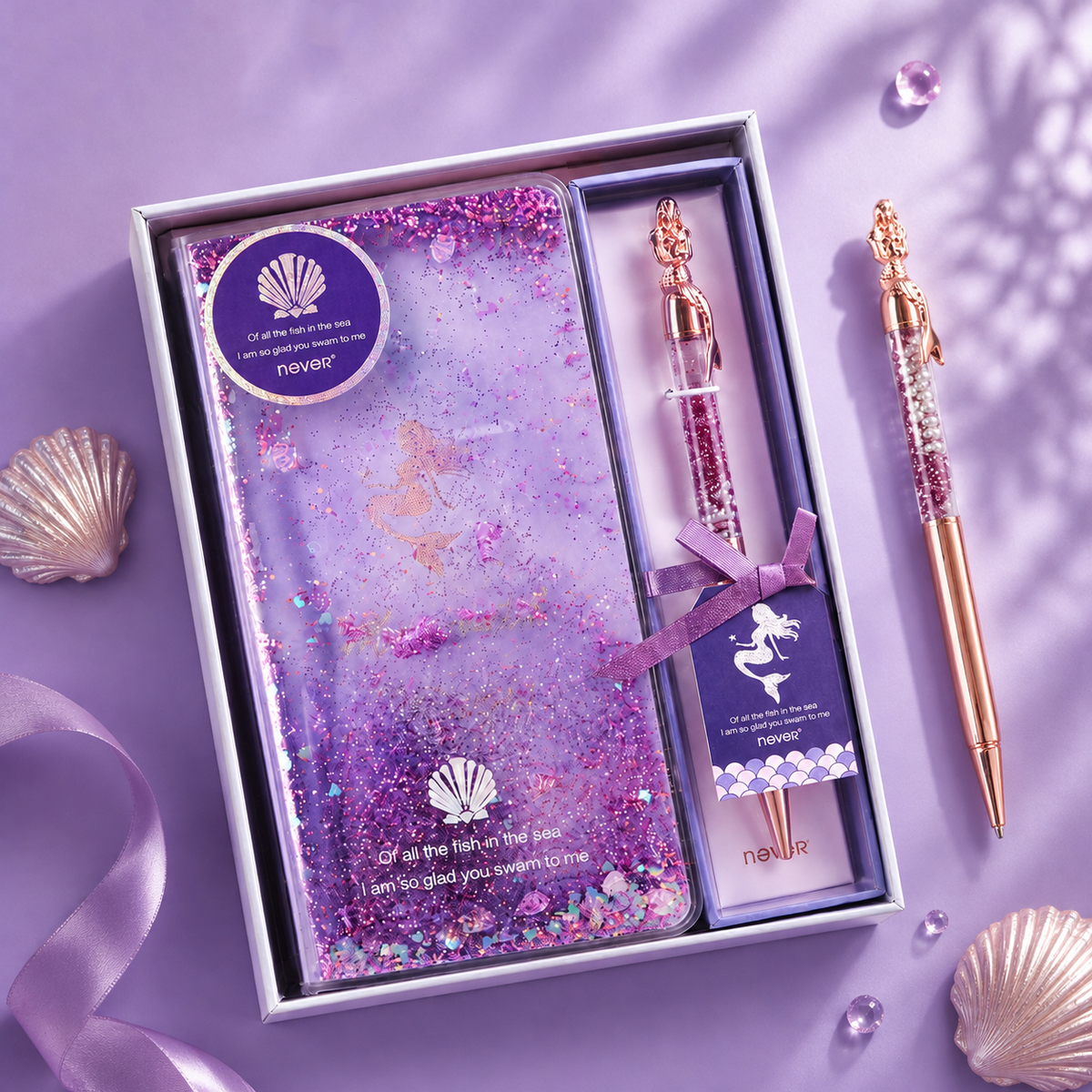 Mermaid Magic Liquid Glitter Journal & Gel Pen Gift Set by never - detail view for stationery gift set | Lumiyear
