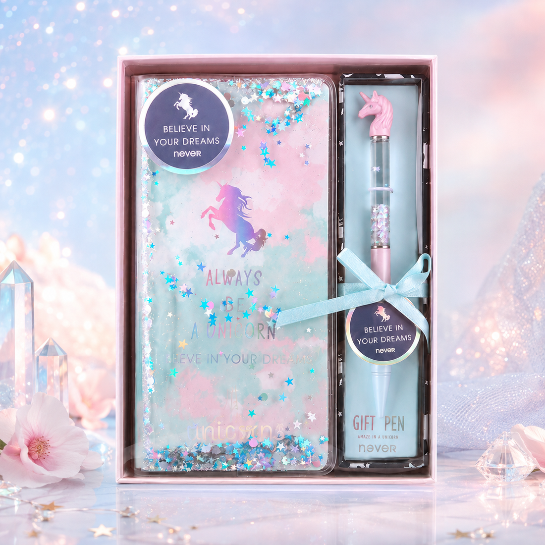 Unicorn Dream Liquid Glitter Journal & Gel Pen Gift Set by never - inside detail for stationery gift set | Lumiyear