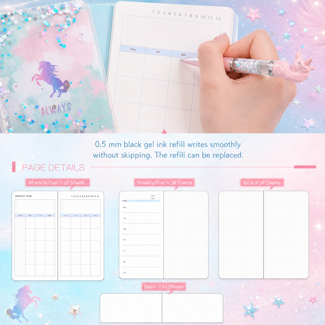 Unicorn Dream Liquid Glitter Journal & Gel Pen Gift Set by never - color option view for stationery gift set | Lumiyear