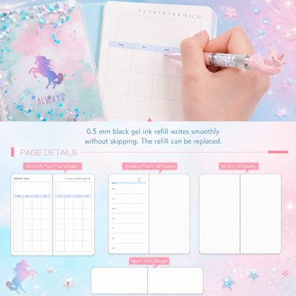 Unicorn Dream Liquid Glitter Journal & Gel Pen Gift Set by never - color option view for stationery gift set | Lumiyear