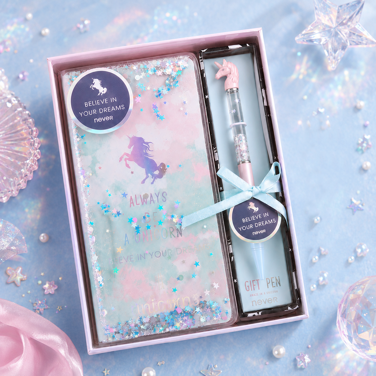 Unicorn Dream Liquid Glitter Journal & Gel Pen Gift Set by never - detail view for stationery gift set | Lumiyear