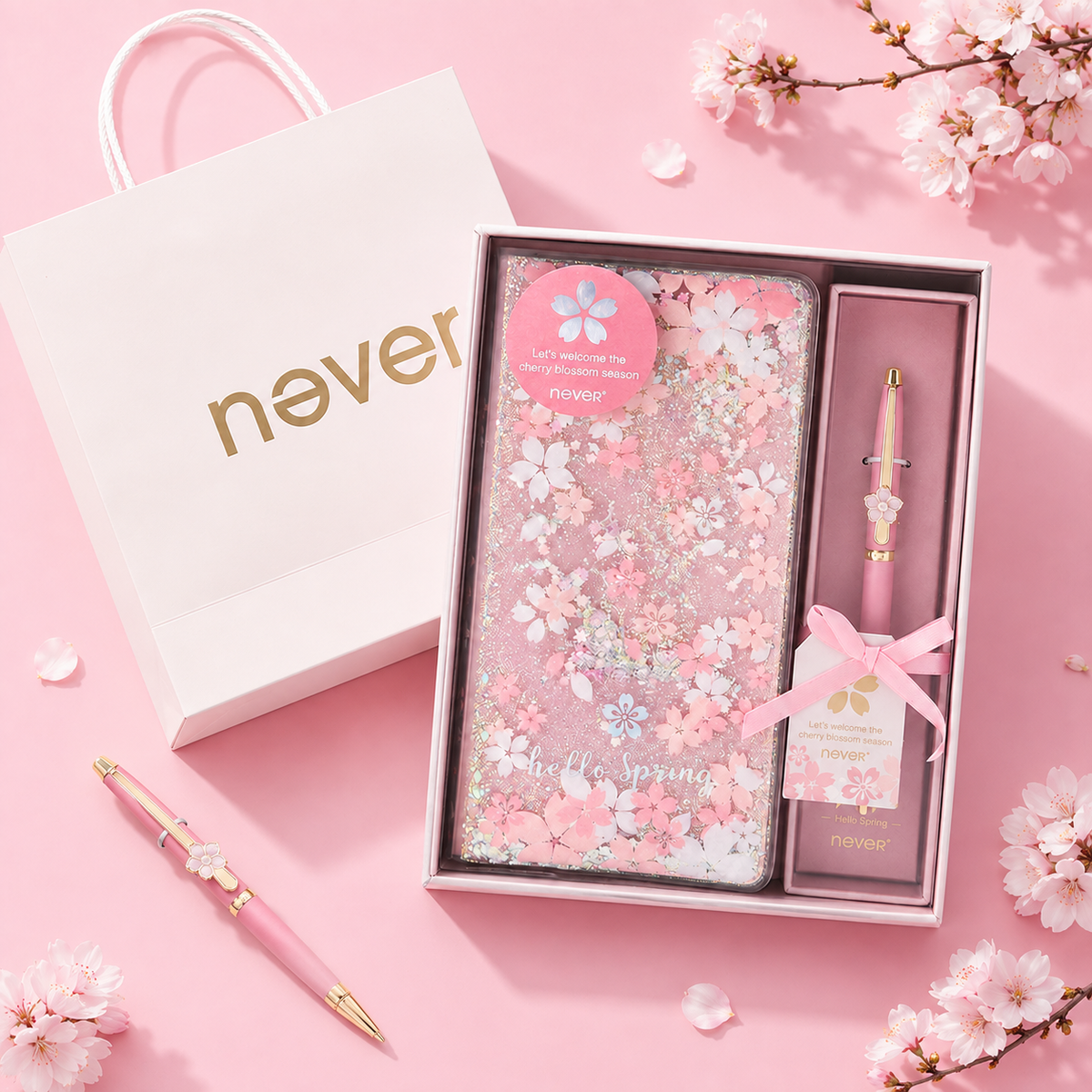 Sakura Spring Liquid Glitter Journal & Gel Pen Gift Set by never - color option view for stationery gift set | Lumiyear