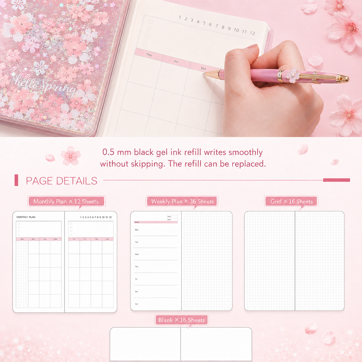 Sakura Spring Liquid Glitter Journal & Gel Pen Gift Set by never - packaging view for stationery gift set | Lumiyear