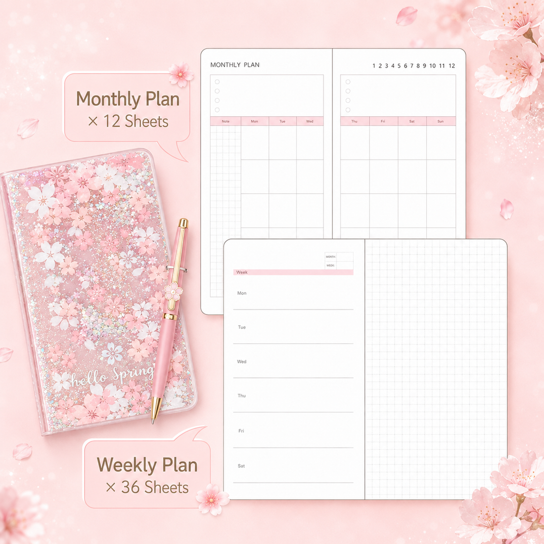 Sakura Spring Liquid Glitter Journal & Gel Pen Gift by never - lifestyle stationery view for stationery gift set | Lumiyear