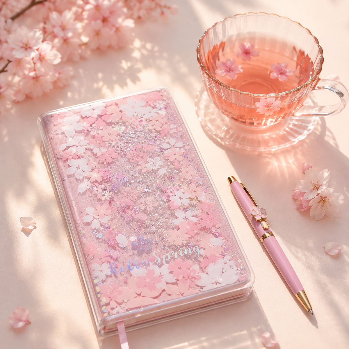Sakura Spring Liquid Glitter Journal & Gel Pen Gift Set by never - inside detail for stationery gift set | Lumiyear