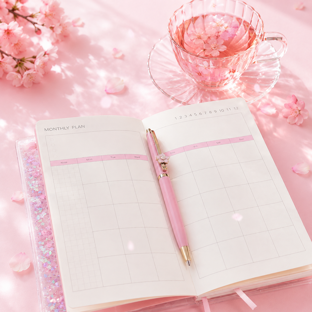 Sakura Spring Liquid Glitter Journal & Gel Pen Gift Set by never - color option view for stationery gift set | Lumiyear