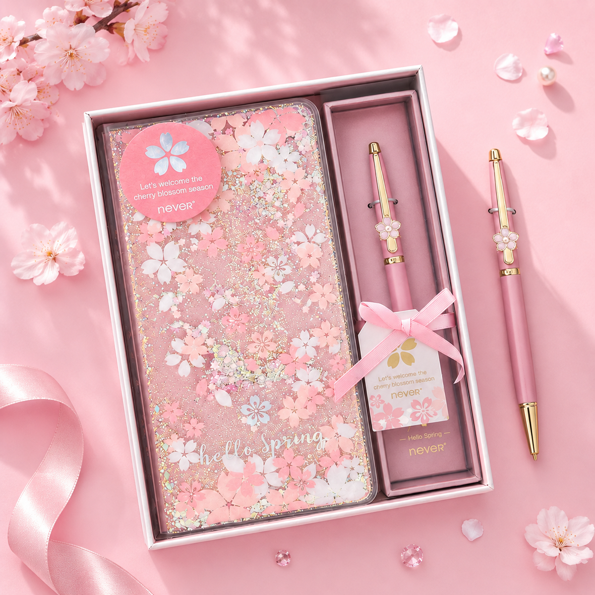 Sakura Spring Liquid Glitter Journal & Gel Pen Gift Set by never - detail view for stationery gift set | Lumiyear